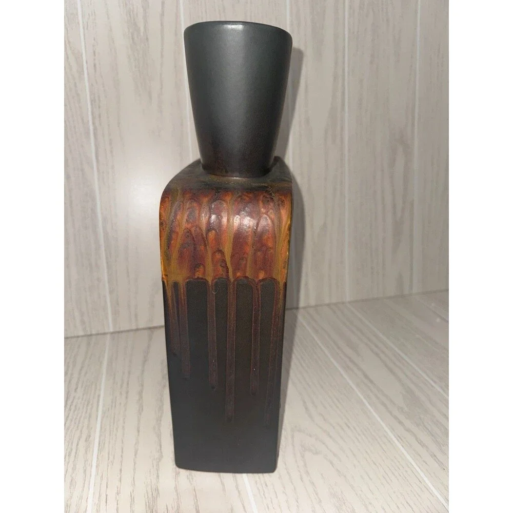 Pier 1 Ceramic Flower Vase Black Brown Orange Drip Matte Rectangular China